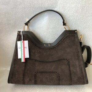 CHEVAL Suede Geo Satchel w pouch Brown Made In Italy